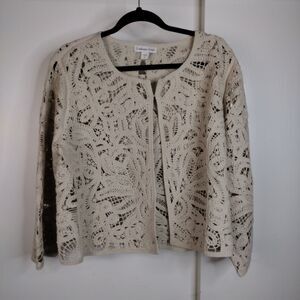 Coldwater Creek Crochet Open Front Cardigan Boho Cottagecore Womens Sz XL Beige
